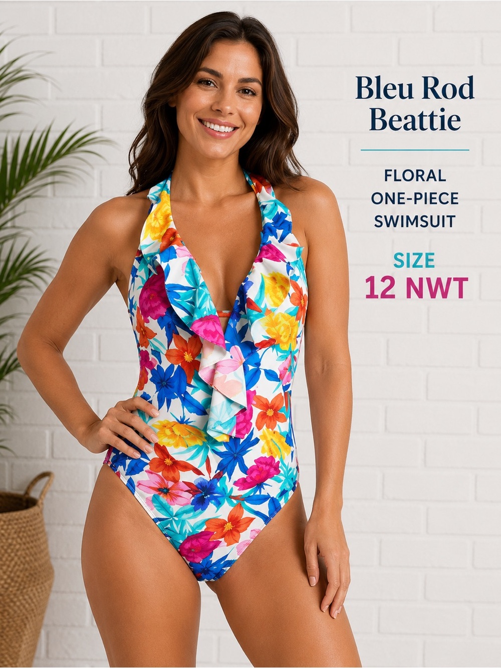 Bleu Rod Beattie Floral One-Piece Swimsuit Size 12 NWT